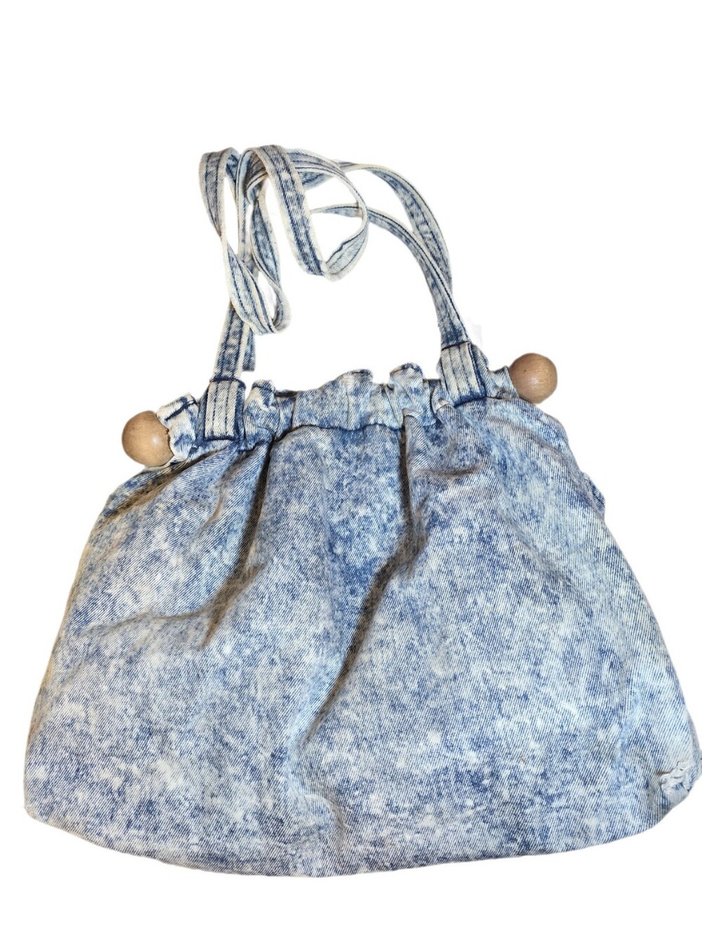 VTG 1980s Acid Wash Denim Shoulder Bag Drawstring Wood Bead Boho Slouchy Tote - Picture 11 of 15